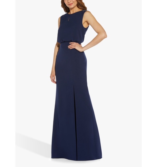 NEW Adrianna Papell NAVY Beaded Shoulder CREPE Blouson EVENING DRESS GOWN 8 - Picture 9 of 11